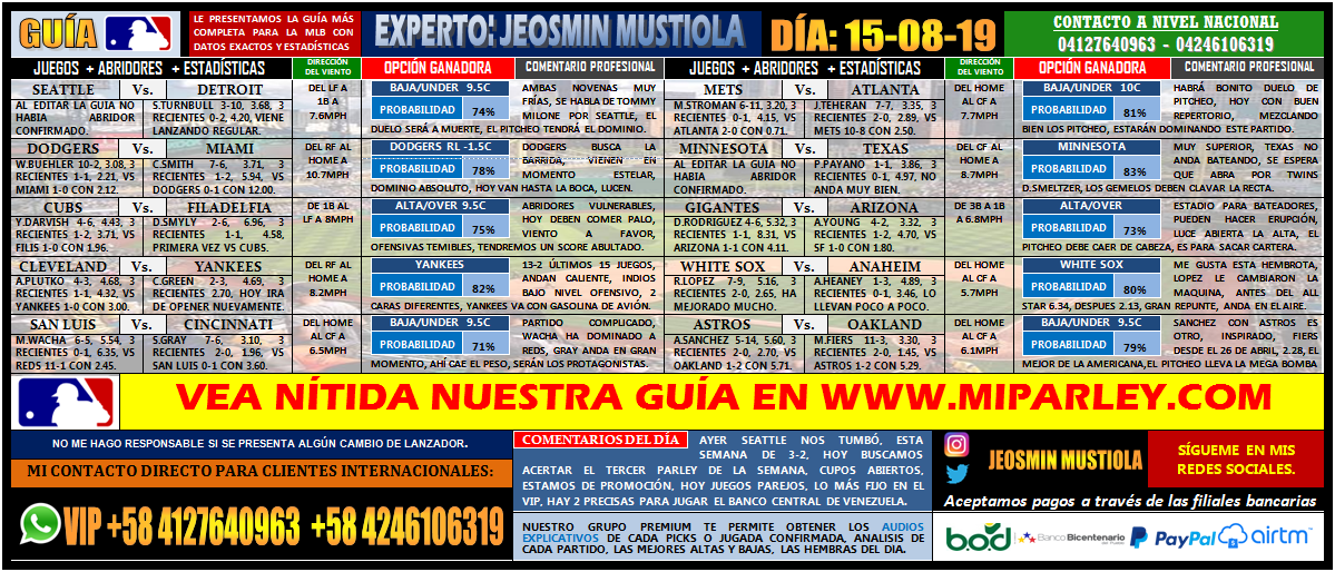 (JEOSMIN MUSTIOLA) +584127640963 +584246106319 GUÍA #MLB JUEVES 15-08-19 CON (10) JUEGOS, (10) #Picks REGALOS, AYER LA GUÍA DE 12-5, 41%, HOY NOS VAMOS DE PROMOCIÓN. OBTENGA #Parley #Estadísticas #Análisis #Juegos #Datos